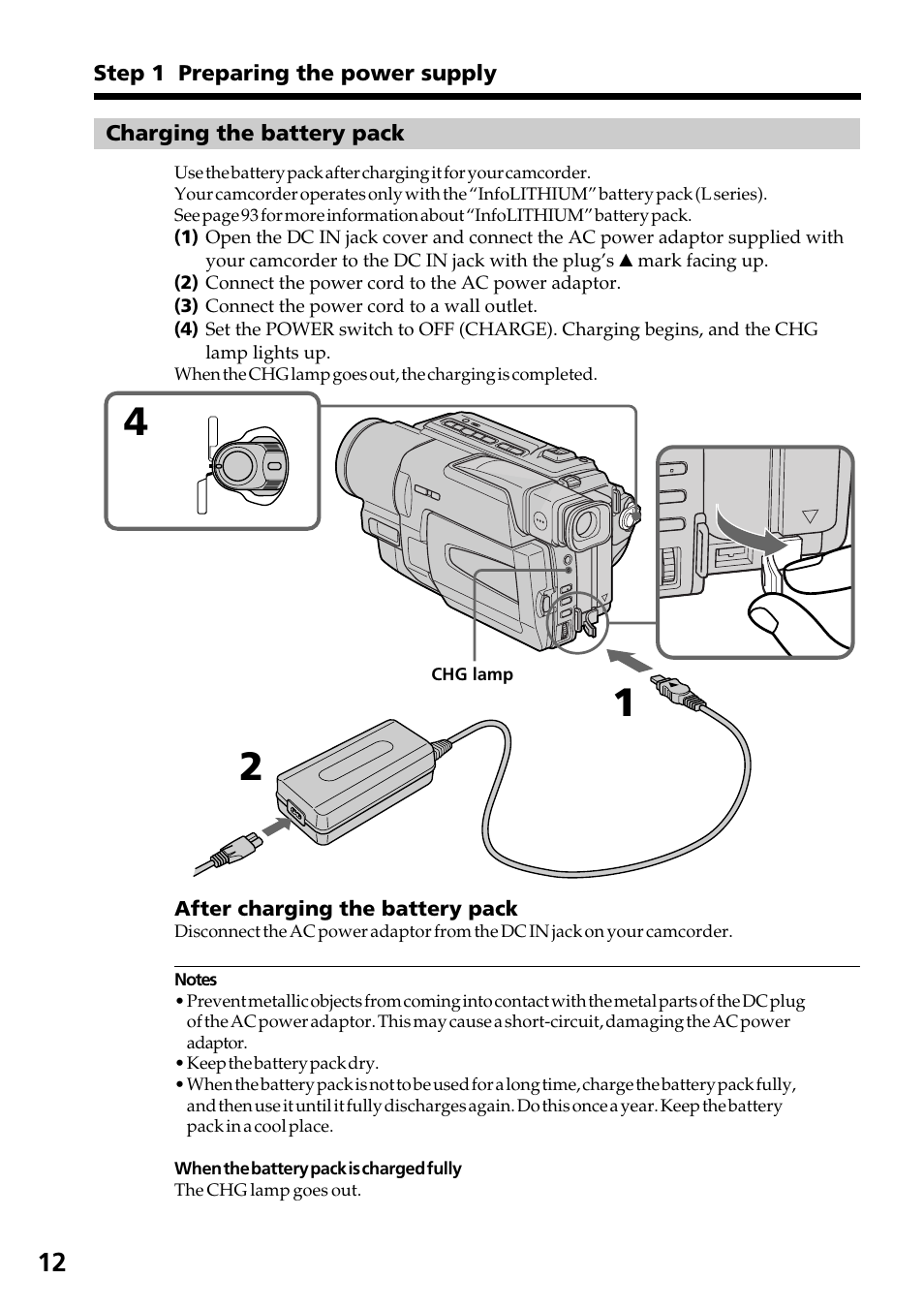 Charging the battery pack | Sony DCR-TRV130 User Manual | Page 12 / 112