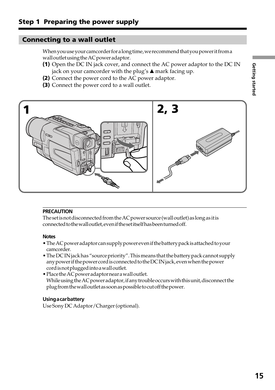 Connecting to a wall outlet | Sony DCR-TRV130 User Manual | Page 15 / 112