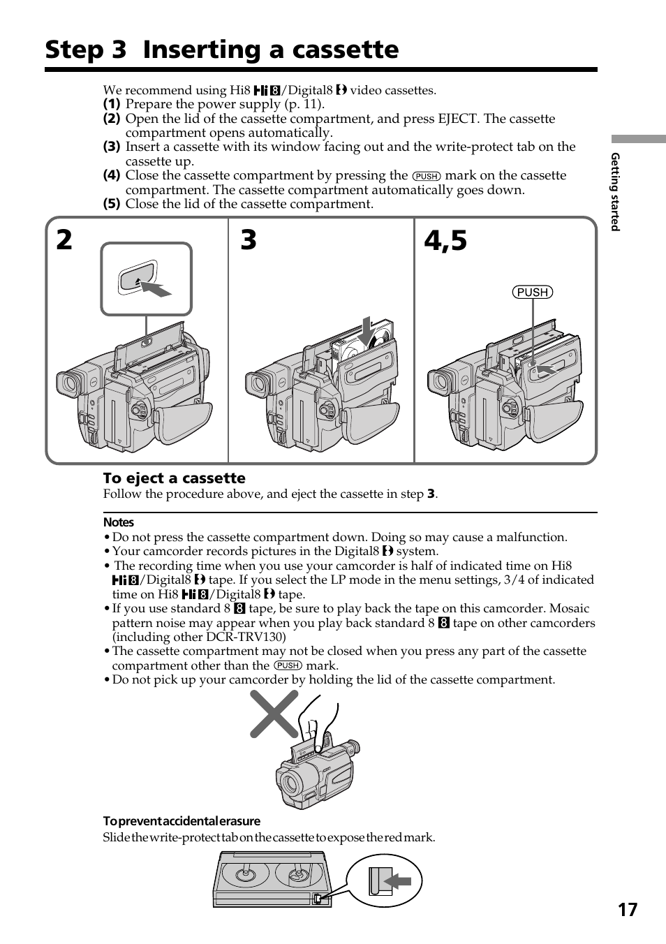 Step 3 inserting a cassette | Sony DCR-TRV130 User Manual | Page 17 / 112