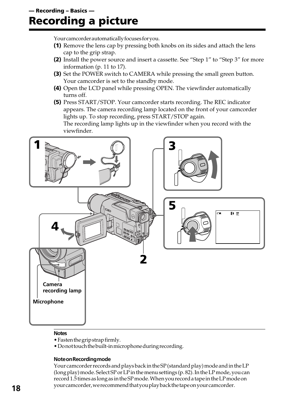 Recording – basics, Recording a picture | Sony DCR-TRV130 User Manual | Page 18 / 112