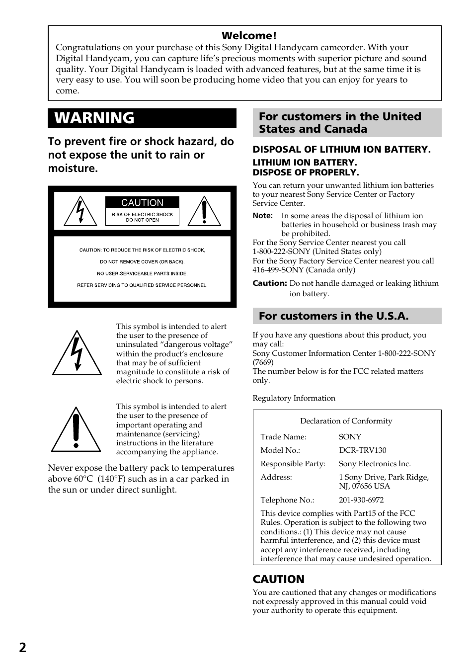 Warning, Caution, Welcome | For customers in the u.s.a | Sony DCR-TRV130 User Manual | Page 2 / 112