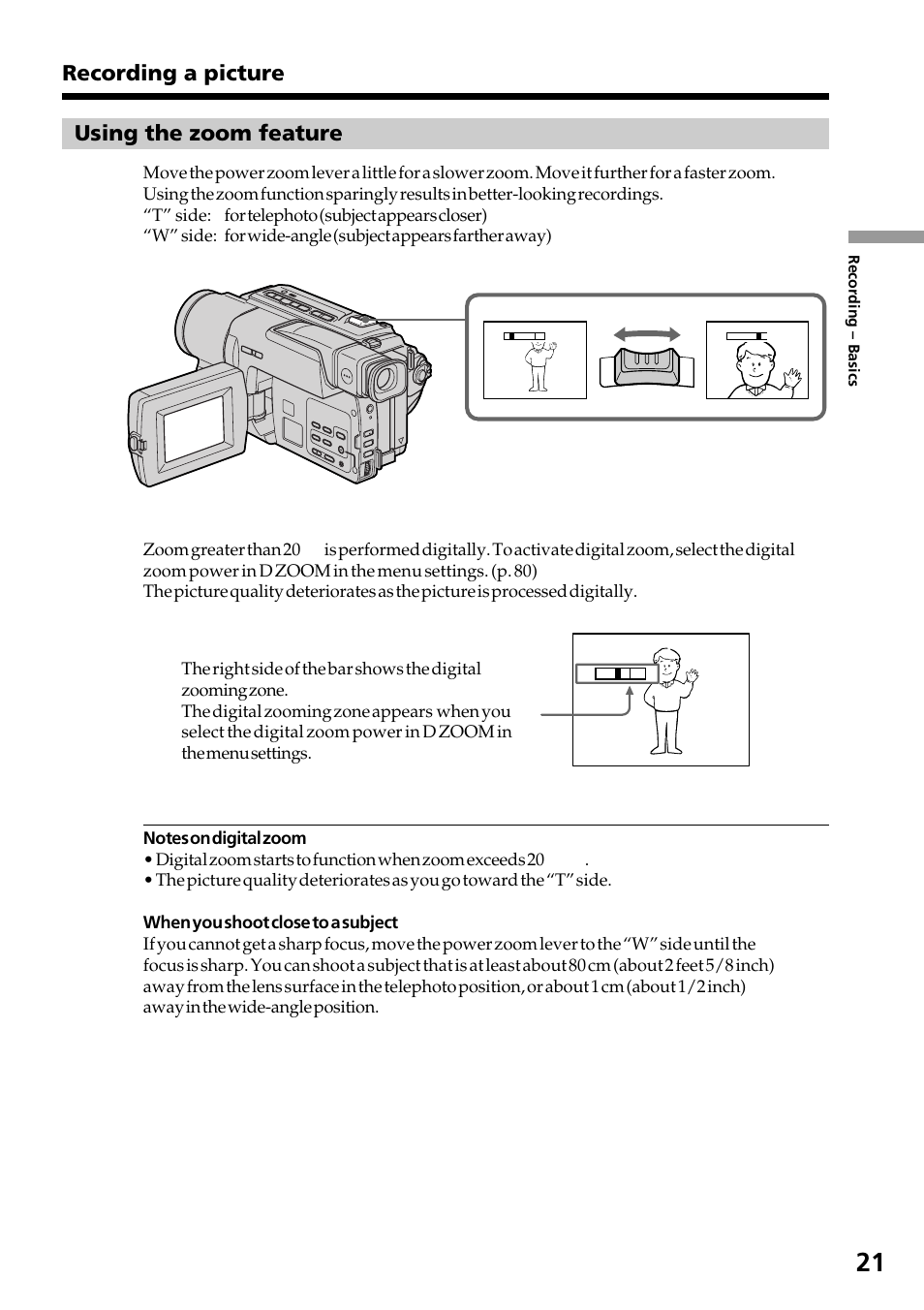 Using the zoom feature, Recording a picture | Sony DCR-TRV130 User Manual | Page 21 / 112