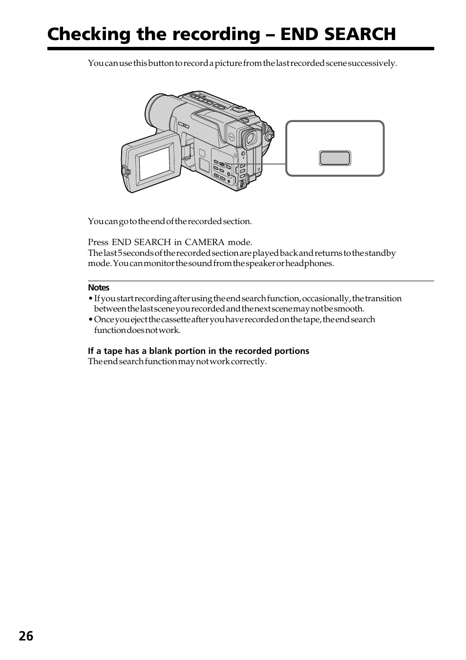 Checking the recording – end search, Checking the recording, End search | Sony DCR-TRV130 User Manual | Page 26 / 112