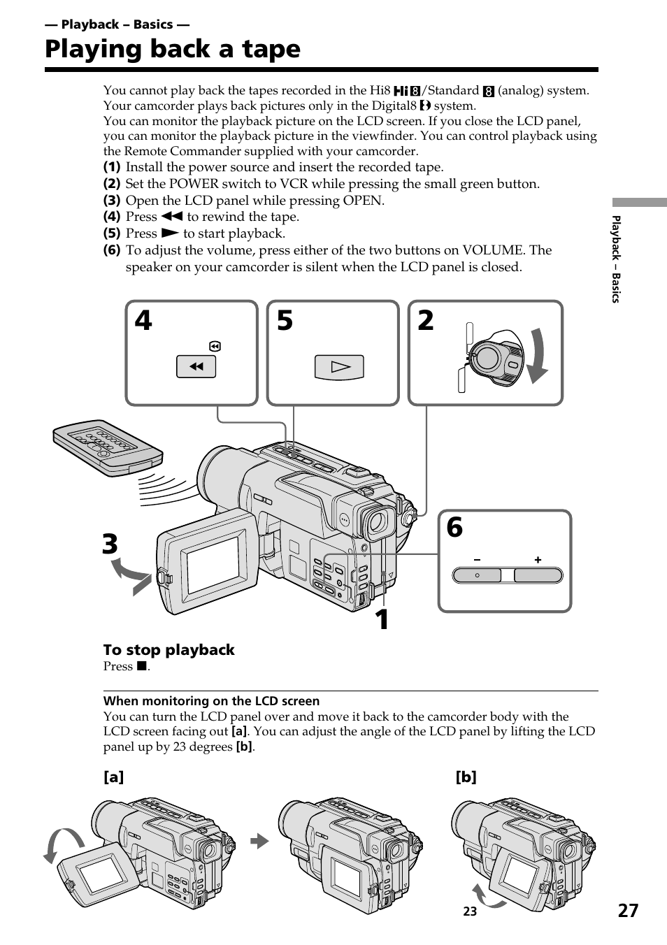 Playback – basics, Playing back a tape | Sony DCR-TRV130 User Manual | Page 27 / 112