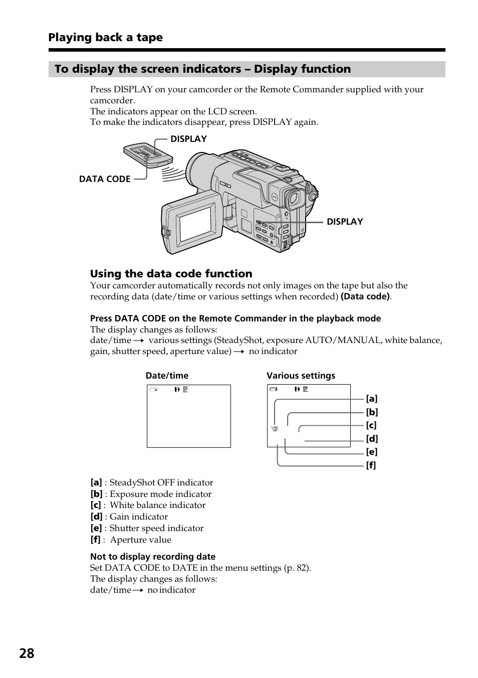 Playing back a tape, Using the data code function | Sony DCR-TRV130 User Manual | Page 28 / 112