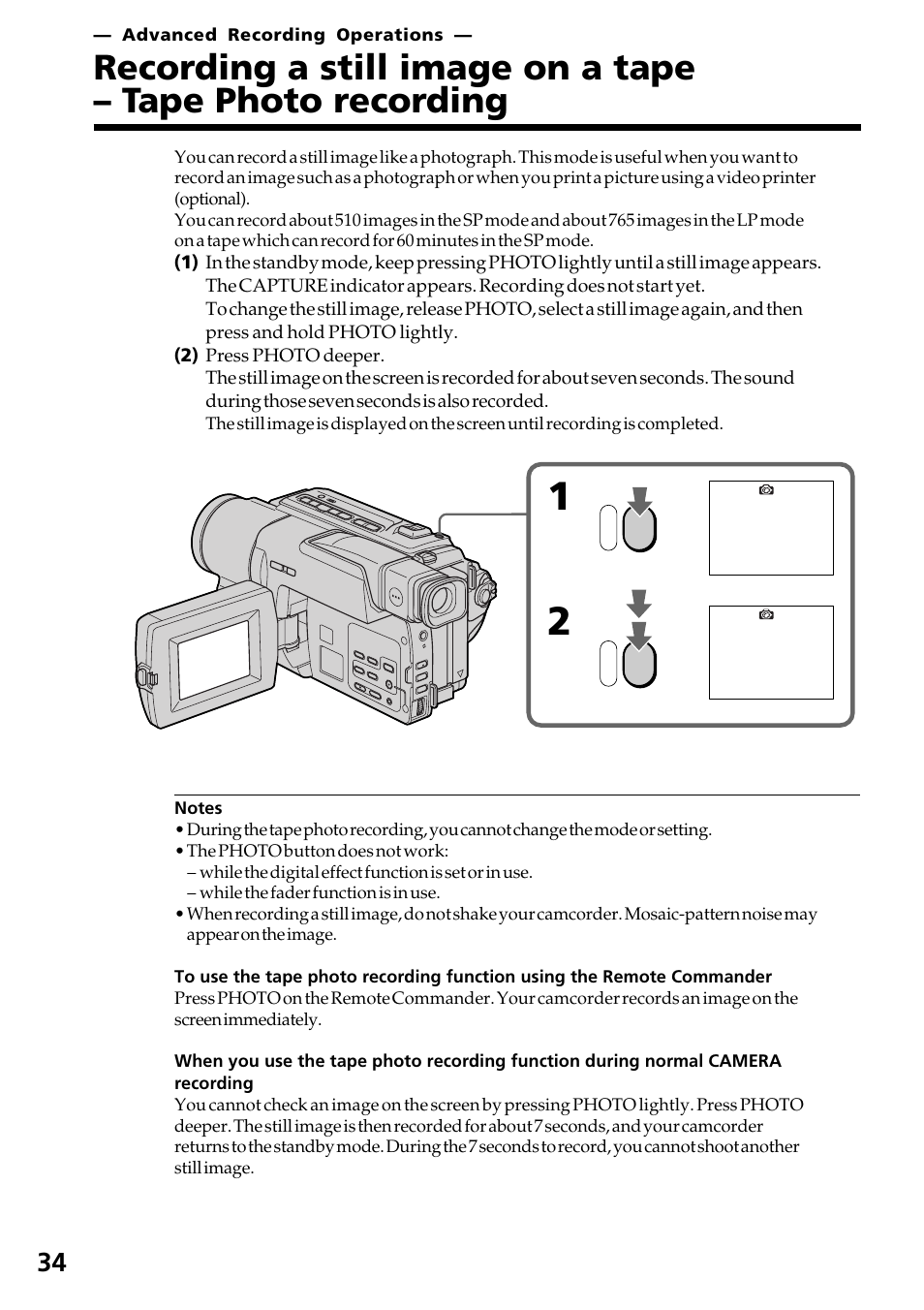 Advanced recording operations, Recording a still image on a tape, Tape photo recording | Sony DCR-TRV130 User Manual | Page 34 / 112