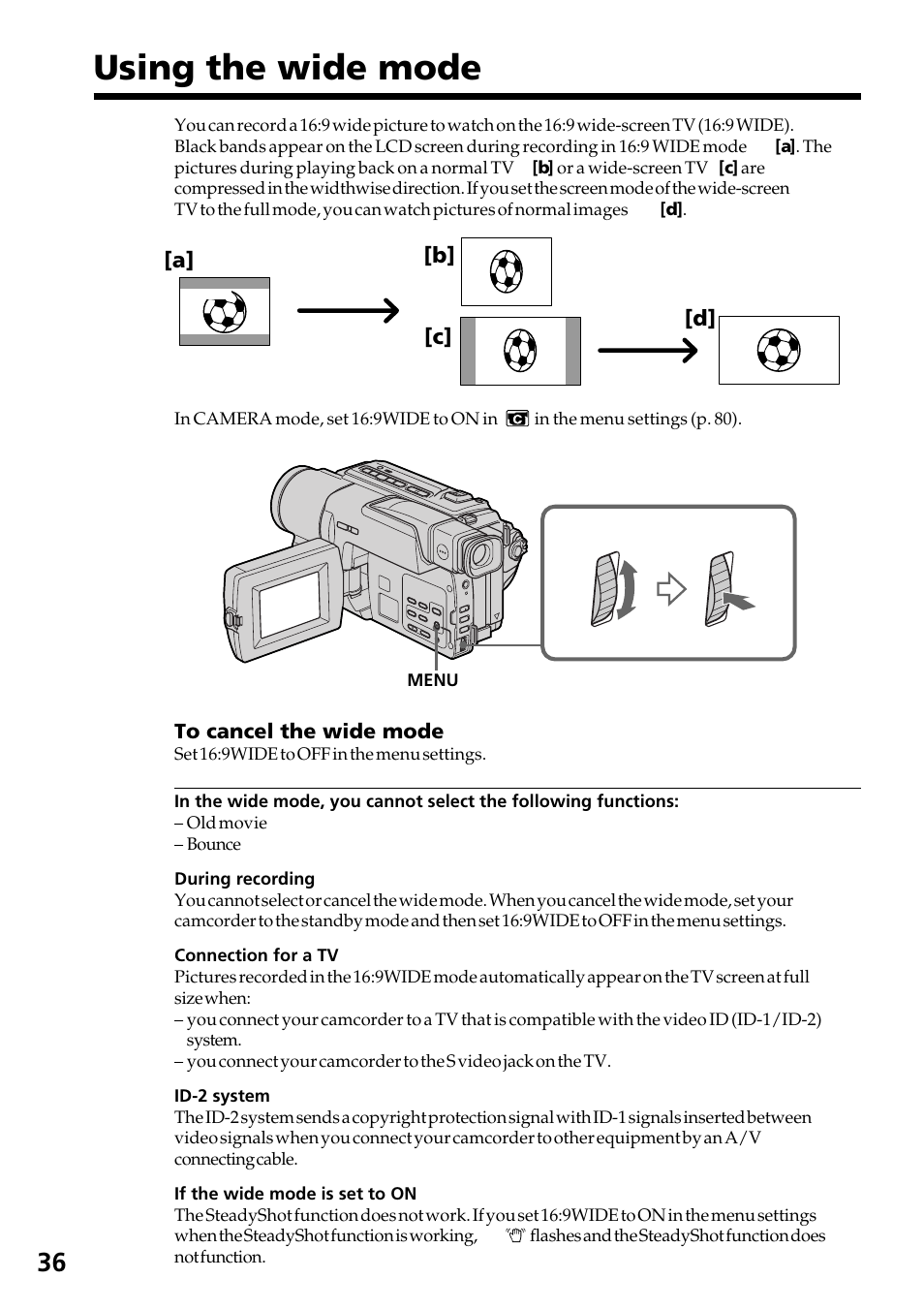 Using the wide mode | Sony DCR-TRV130 User Manual | Page 36 / 112