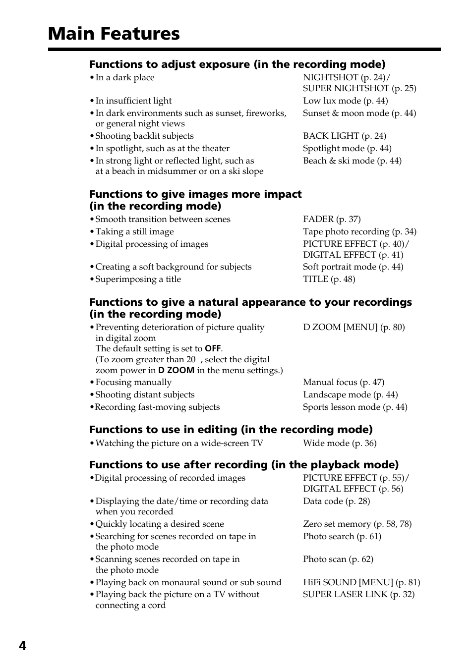 Main features | Sony DCR-TRV130 User Manual | Page 4 / 112