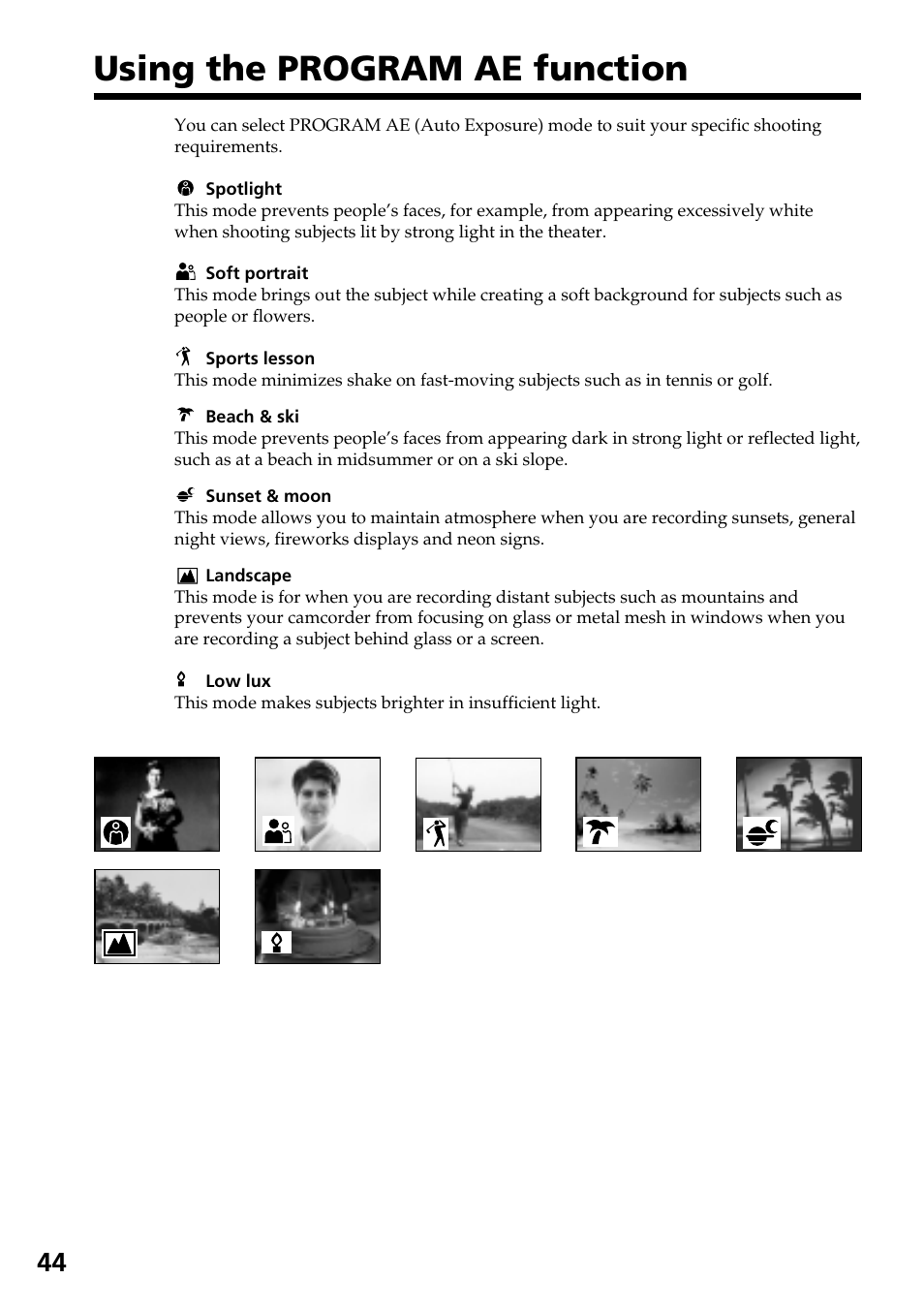 Using the program ae function | Sony DCR-TRV130 User Manual | Page 44 / 112