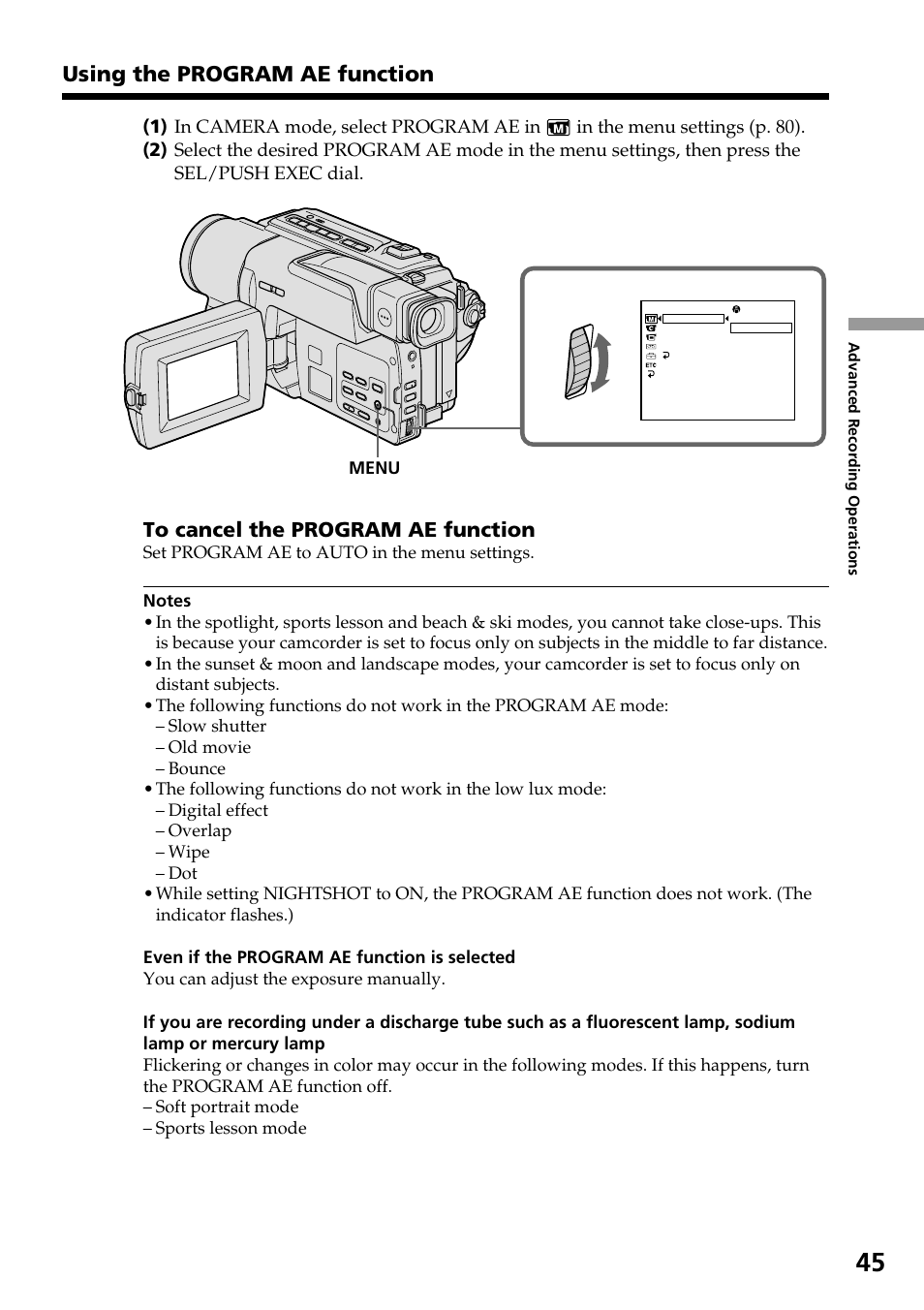 Using the program ae function | Sony DCR-TRV130 User Manual | Page 45 / 112