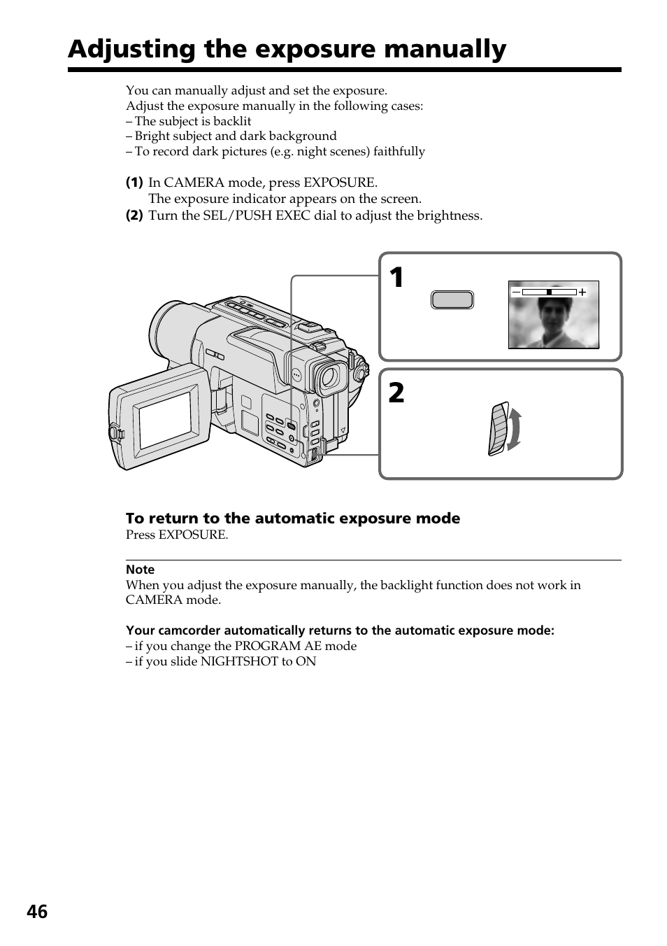 Adjusting the exposure manually | Sony DCR-TRV130 User Manual | Page 46 / 112