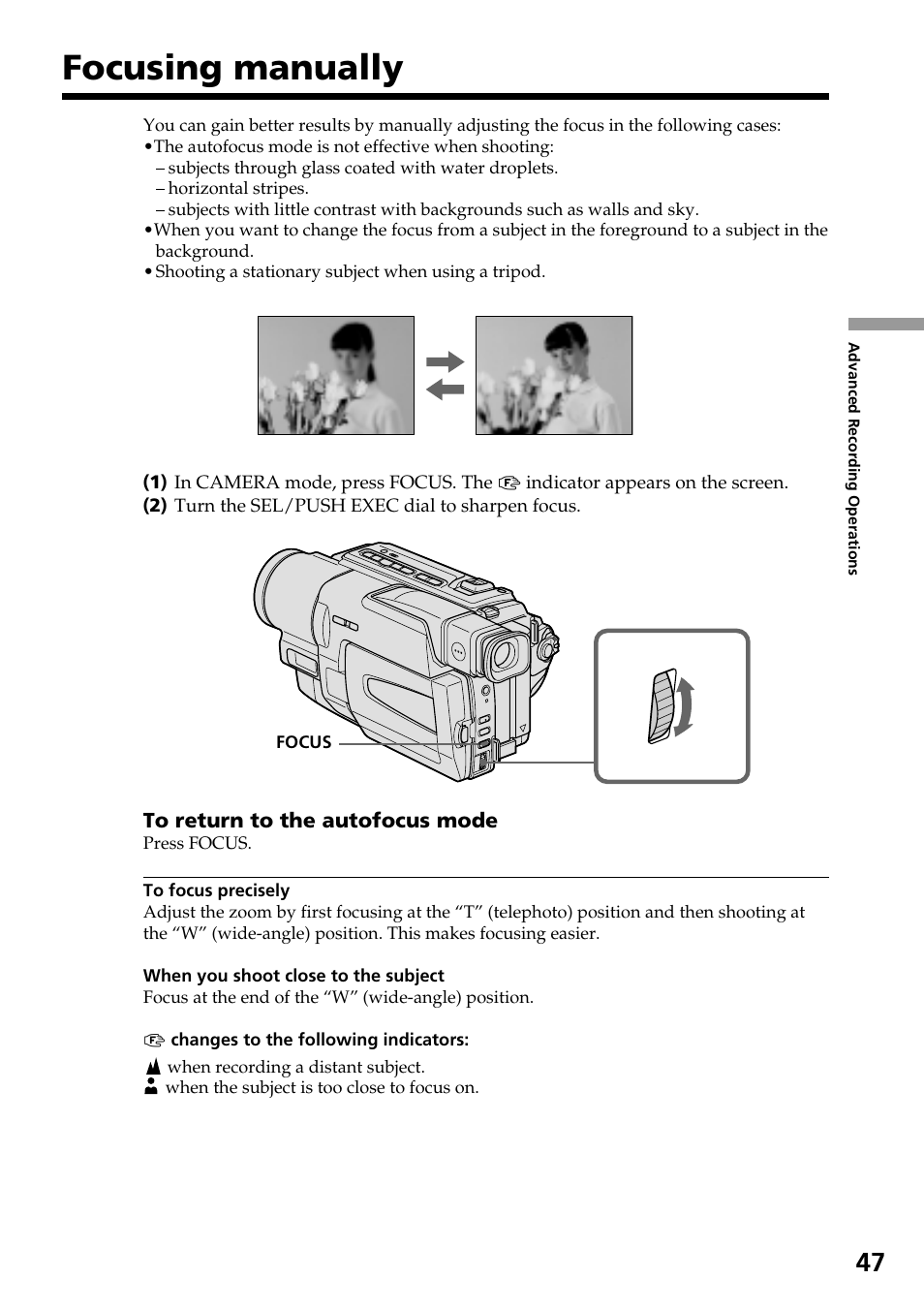 Focusing manually | Sony DCR-TRV130 User Manual | Page 47 / 112