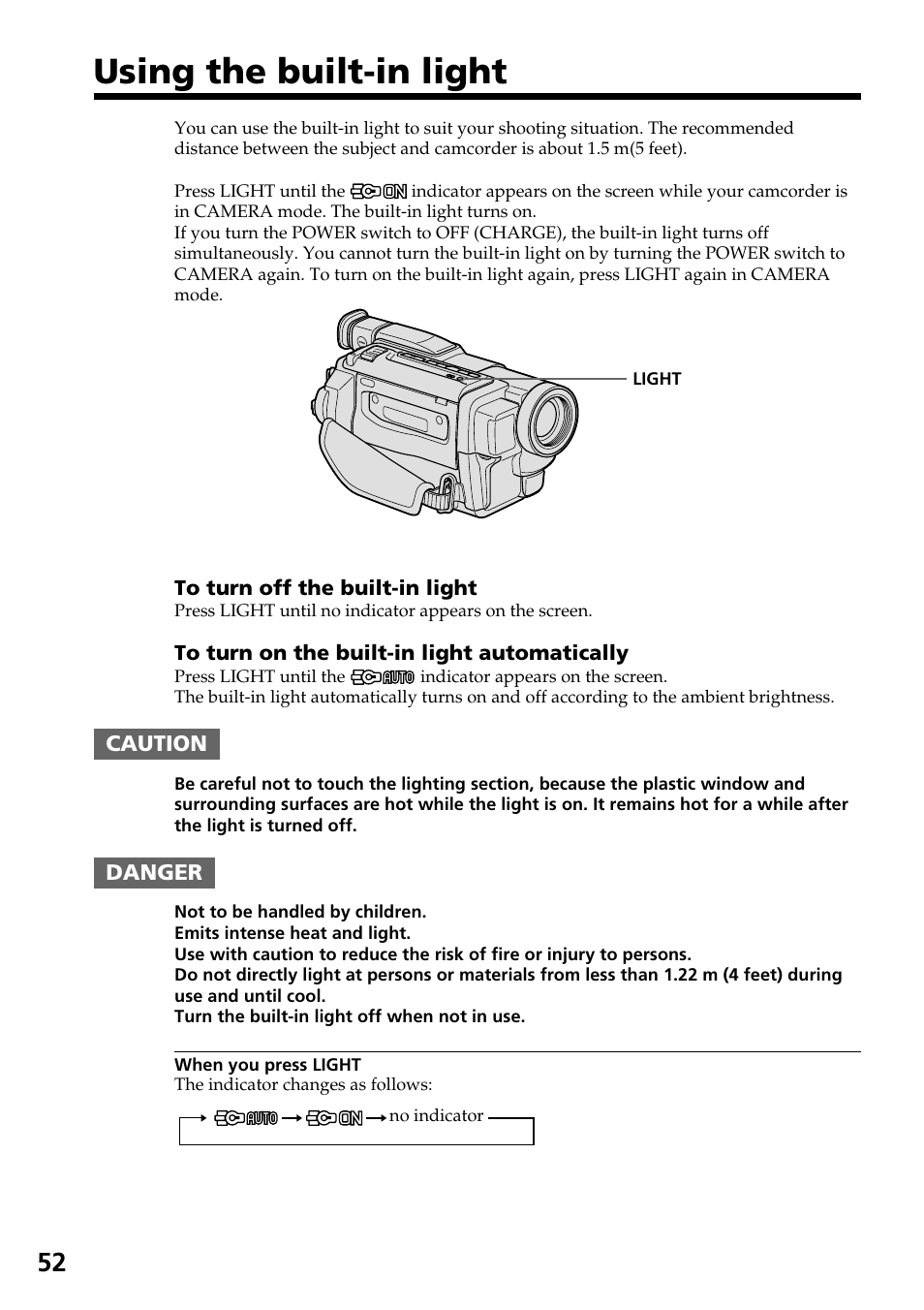 Using the built-in light | Sony DCR-TRV130 User Manual | Page 52 / 112