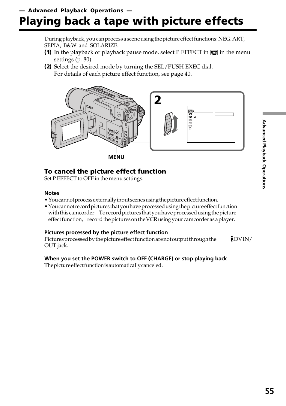 Advanced playback operations, Playing back a tape with picture effects, Playing back a tape with picture | Effects | Sony DCR-TRV130 User Manual | Page 55 / 112