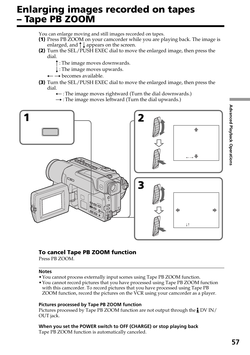 Enlarging images recorded on tapes – tape pb zoom, Enlarging images recorded on tapes, Tape pb zoom | Sony DCR-TRV130 User Manual | Page 57 / 112