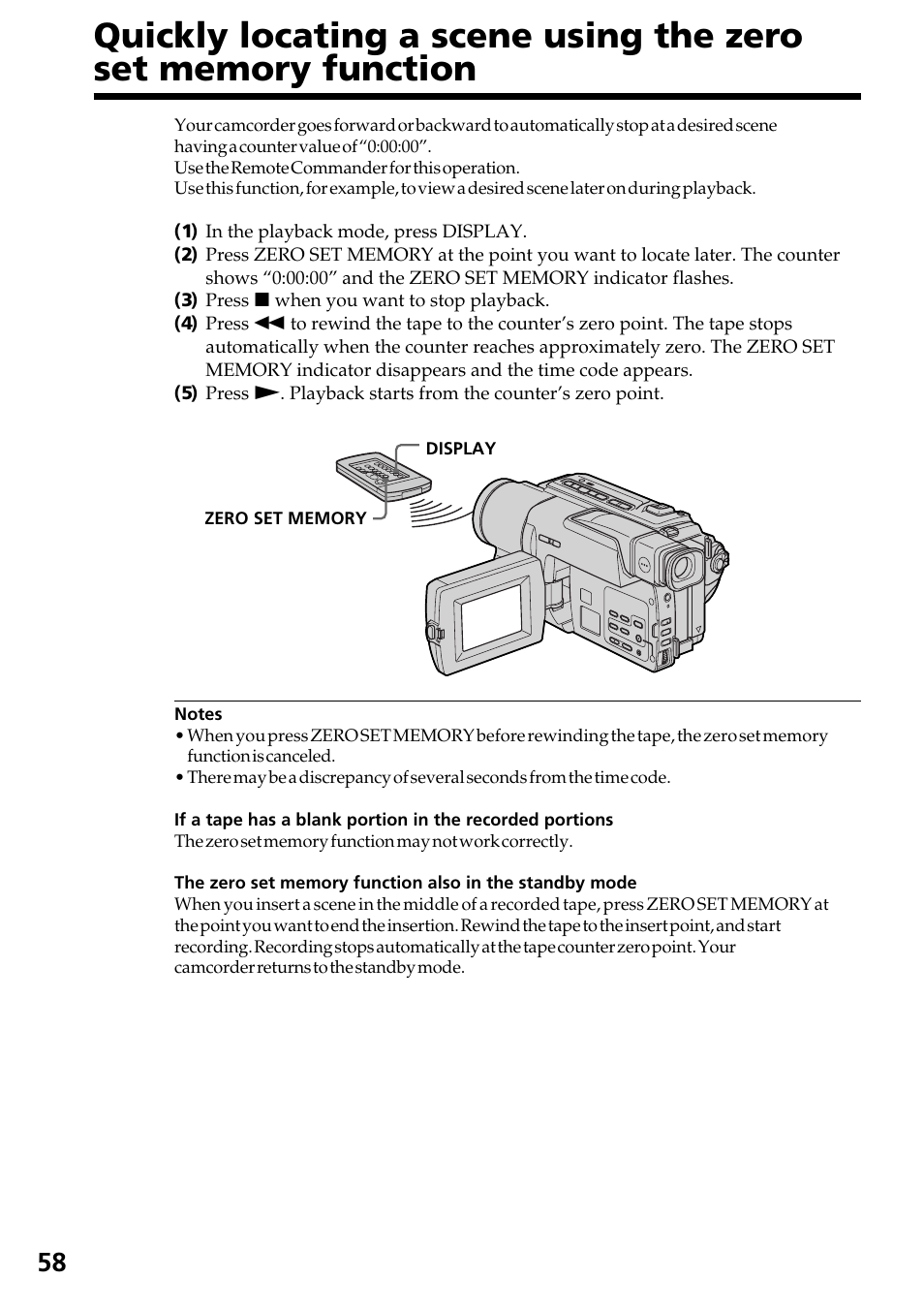 Quickly locating a scene using the zero, Set memory function | Sony DCR-TRV130 User Manual | Page 58 / 112