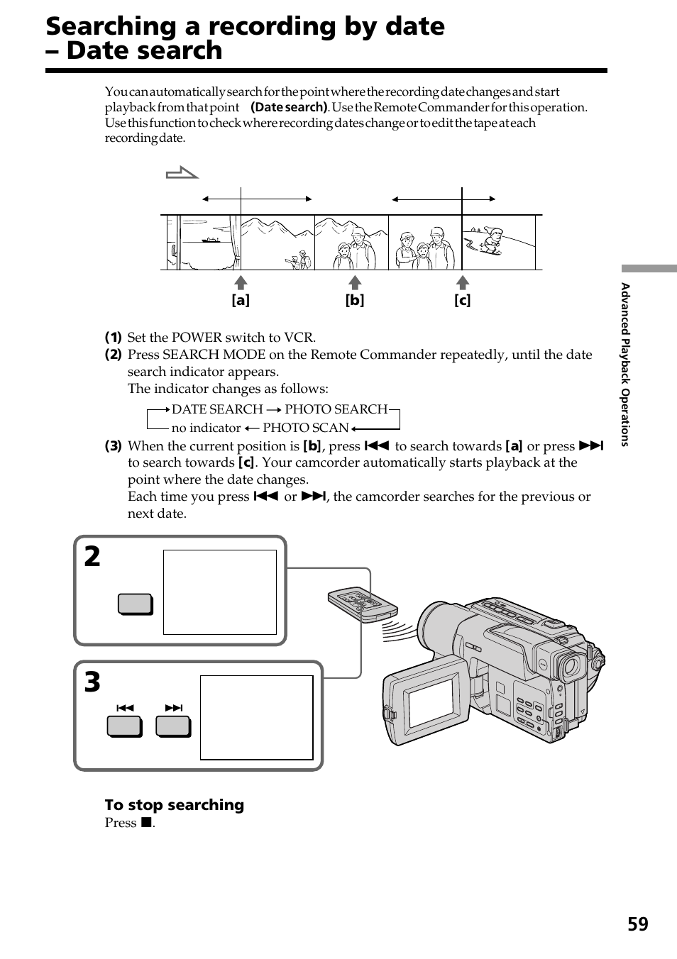 Searching a recording by date – date search, Searching a recording by date, Date search | Sony DCR-TRV130 User Manual | Page 59 / 112