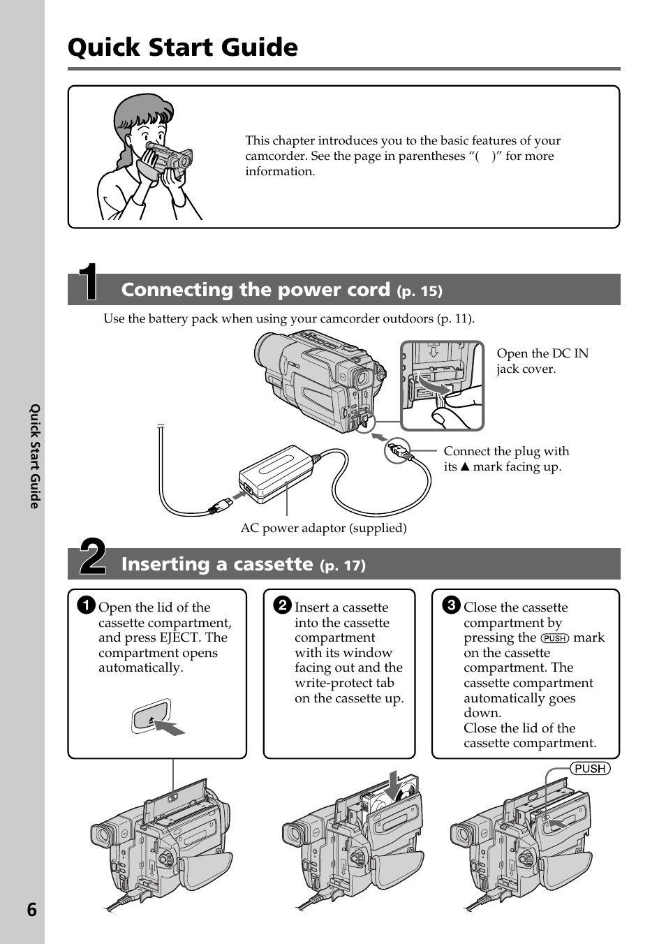 Quick start guide, Inserting a cassette, Connecting the power cord | Sony DCR-TRV130 User Manual | Page 6 / 112