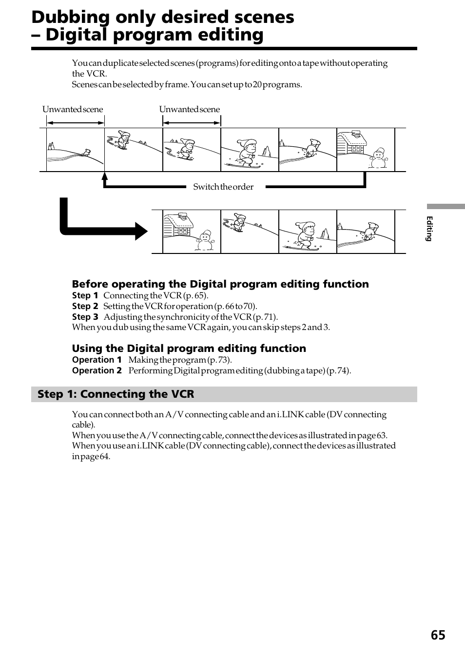 Dubbing only desired scenes, Digital program editing | Sony DCR-TRV130 User Manual | Page 65 / 112