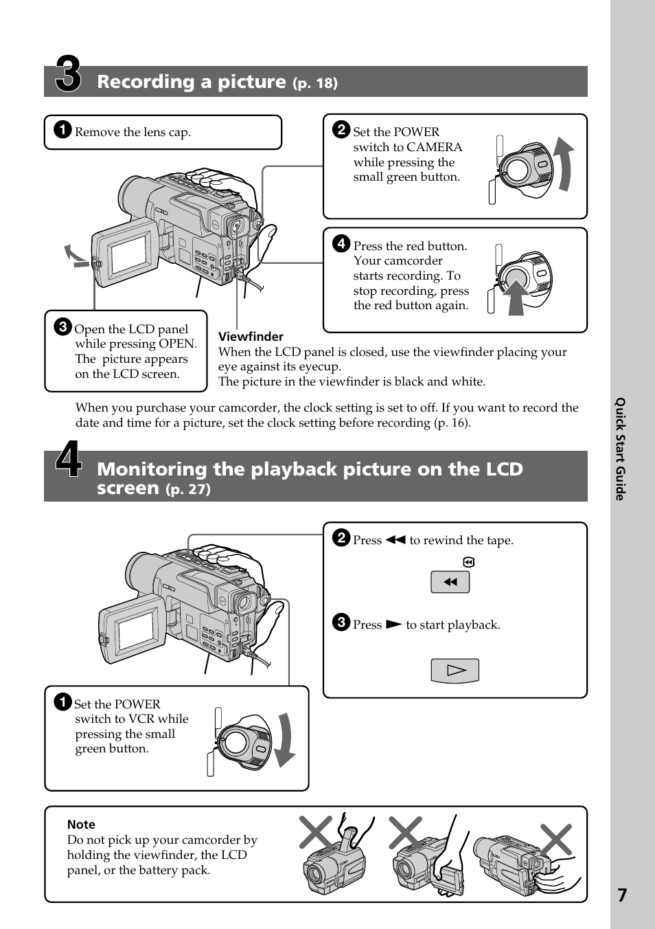 7recording a picture, Monitoring the playback picture on the lcd screen, Rew play | P. 18), P. 27) | Sony DCR-TRV130 User Manual | Page 7 / 112