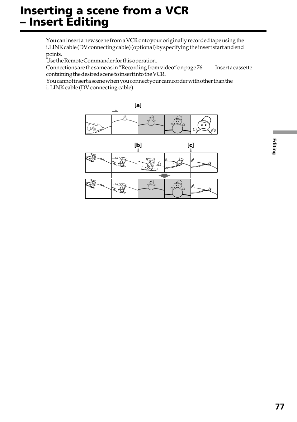 Inserting a scene from a vcr – insert editing, Inserting a scene from a vcr, Insert editing | Sony DCR-TRV130 User Manual | Page 77 / 112