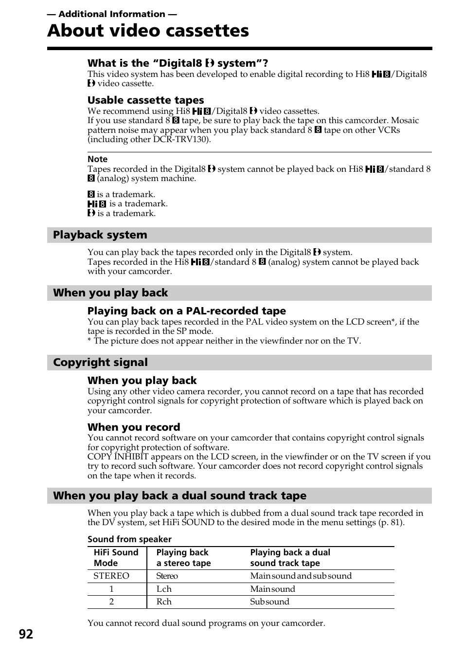 Additional information, About video cassettes | Sony DCR-TRV130 User Manual | Page 92 / 112