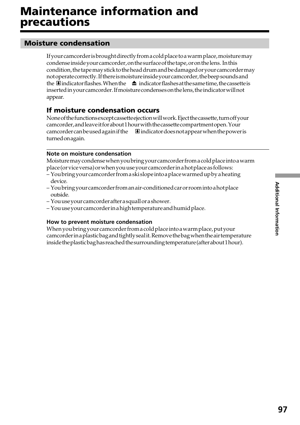 Maintenance information and precautions, Maintenance information and, Precautions | Sony DCR-TRV130 User Manual | Page 97 / 112