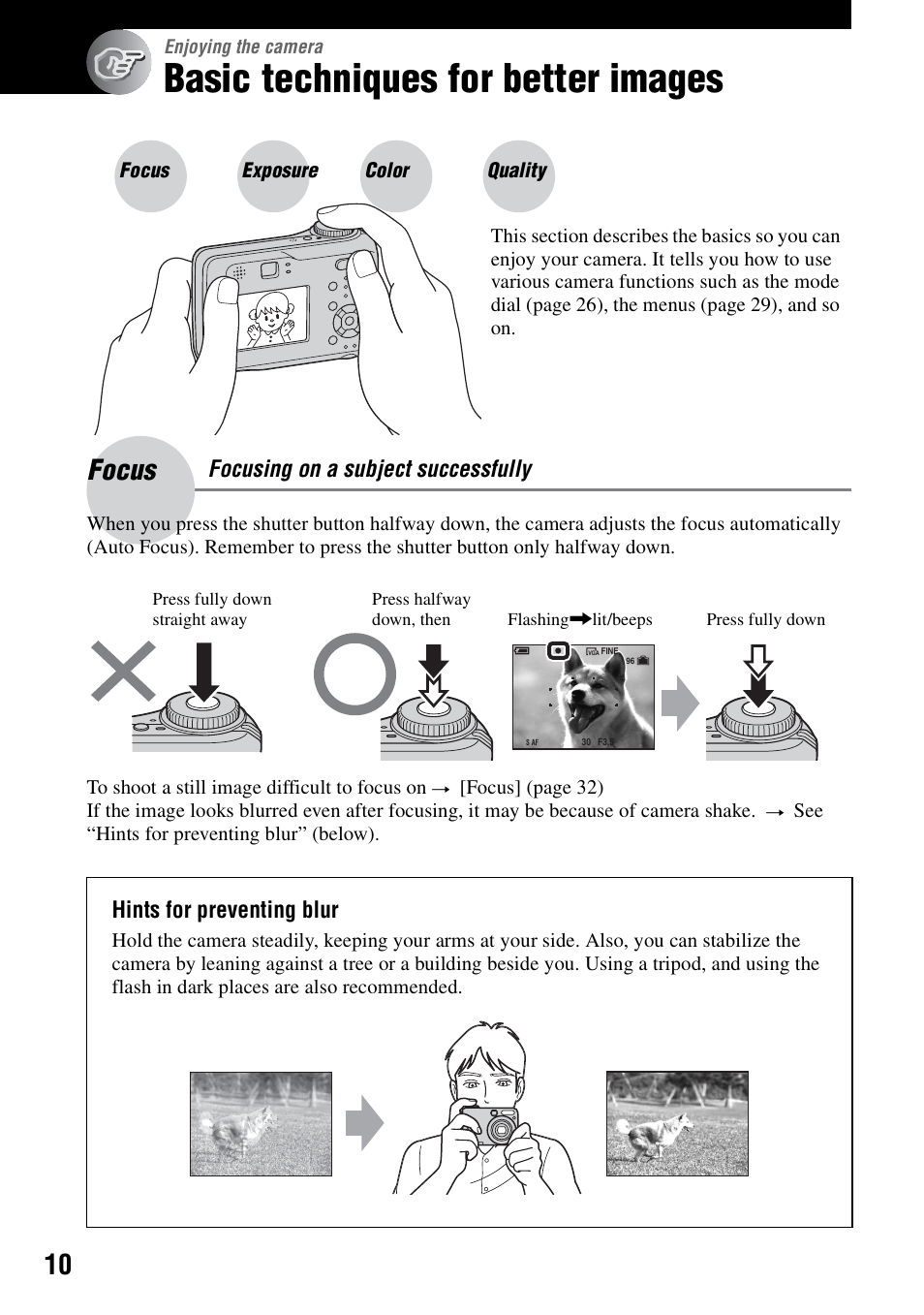 Enjoying the camera, Basic techniques for better images, Focus – focusing on a subject successfully | Focus, Focusing on a subject successfully, Hints for preventing blur | Sony DSC-S90 User Manual | Page 10 / 103