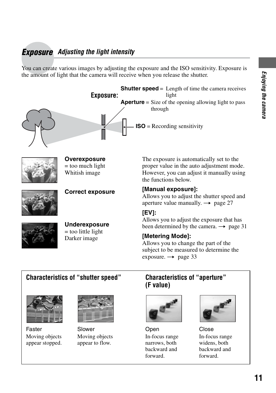 Exposure – adjusting the light intensity, Exposure | Sony DSC-S90 User Manual | Page 11 / 103