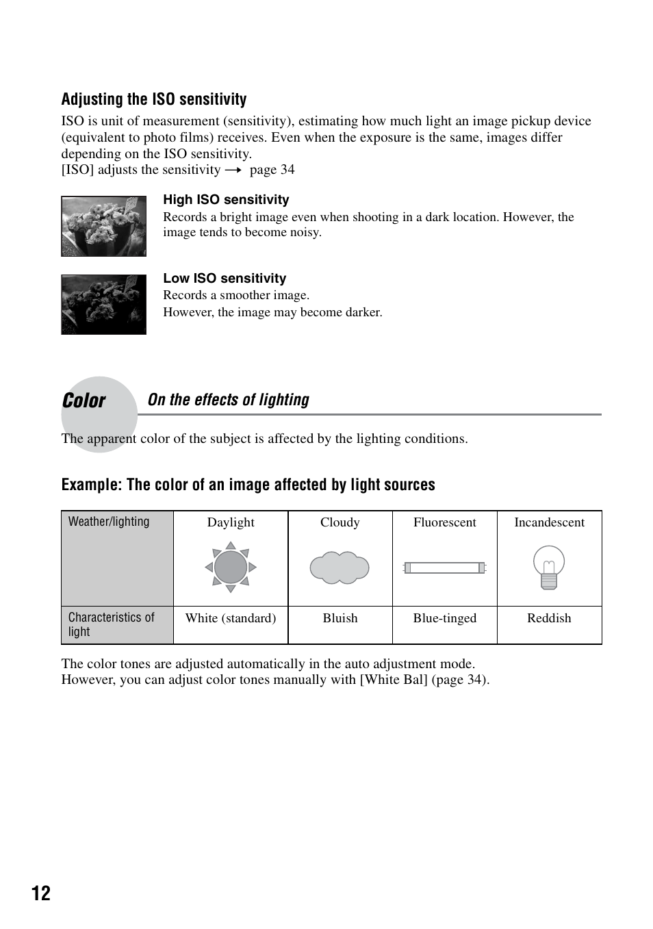 Color, On the effects of lighting | Sony DSC-S90 User Manual | Page 12 / 103