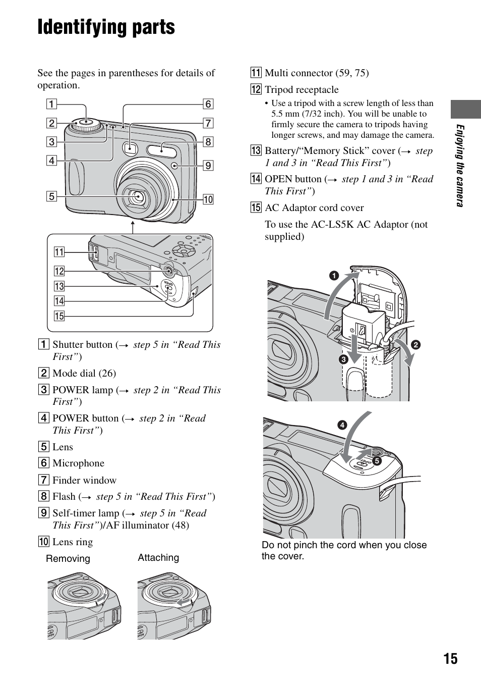 Identifying parts | Sony DSC-S90 User Manual | Page 15 / 103