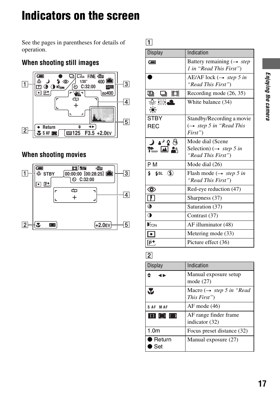 Indicators on the screen, When shooting still images when shooting movies | Sony DSC-S90 User Manual | Page 17 / 103