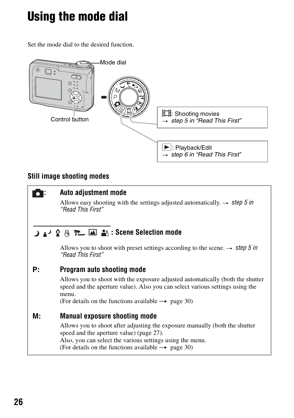 Using the mode dial | Sony DSC-S90 User Manual | Page 26 / 103