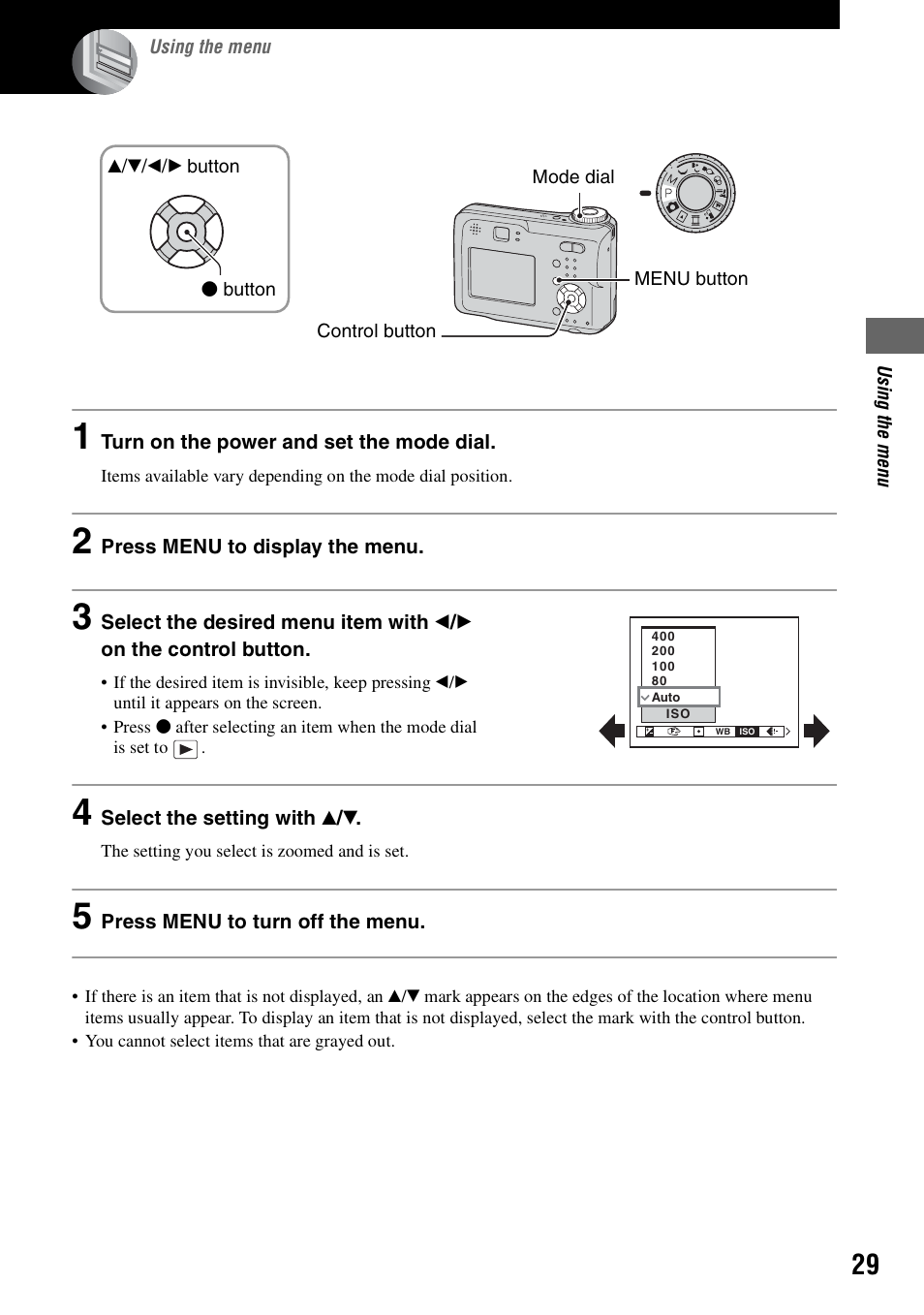 Using the menu, Using menu items | Sony DSC-S90 User Manual | Page 29 / 103