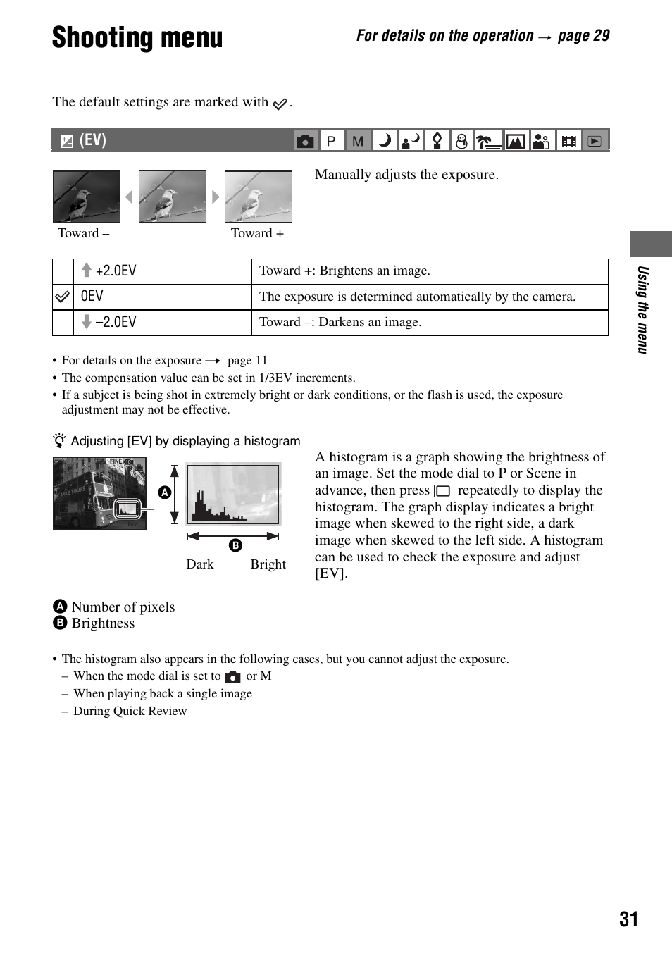 Shooting menu, For details on the operation, Pa ge 29 | Sony DSC-S90 User Manual | Page 31 / 103