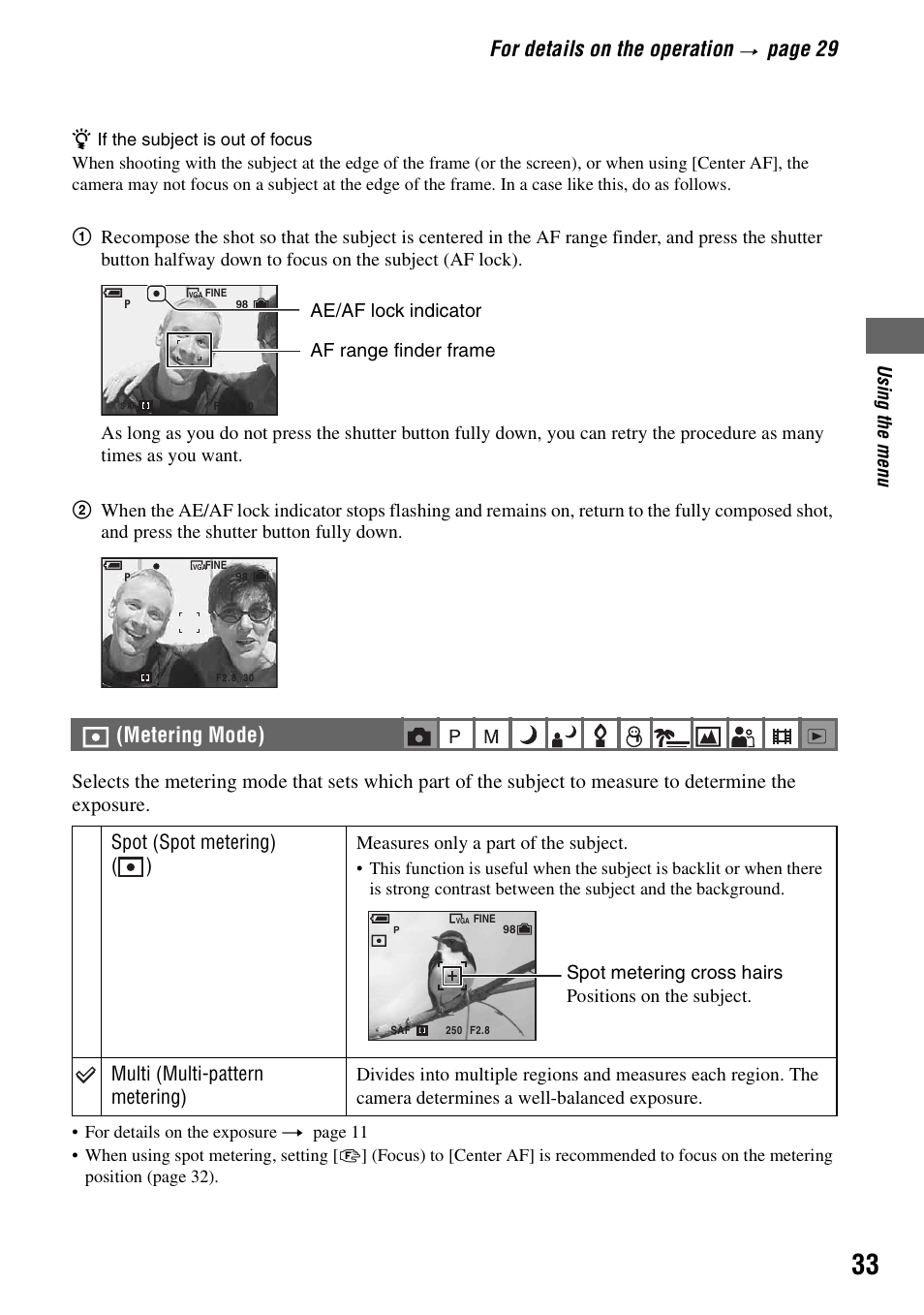 Metering mode), For details on the operation, Pa ge 29 | Spot (spot metering) ( ), Multi (multi-pattern metering) | Sony DSC-S90 User Manual | Page 33 / 103