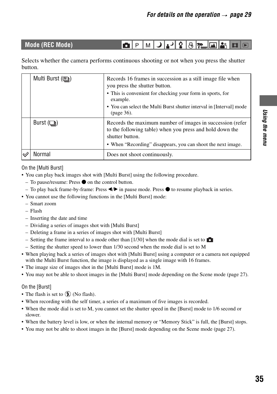 Mode (rec mode) | Sony DSC-S90 User Manual | Page 35 / 103