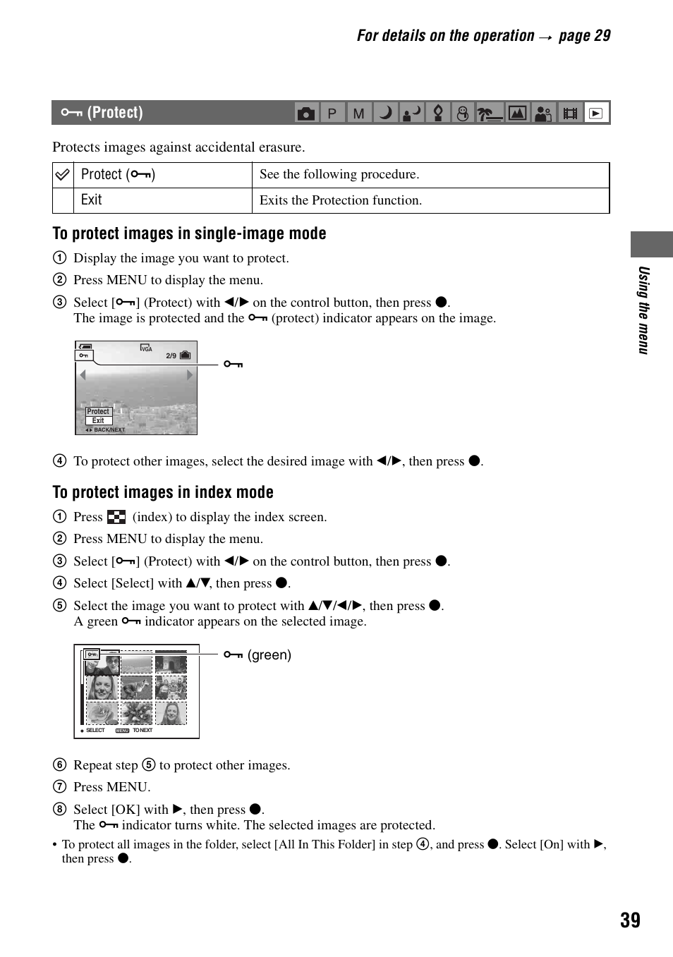 Protect), For details on the operation, Pa ge 29 | Sony DSC-S90 User Manual | Page 39 / 103