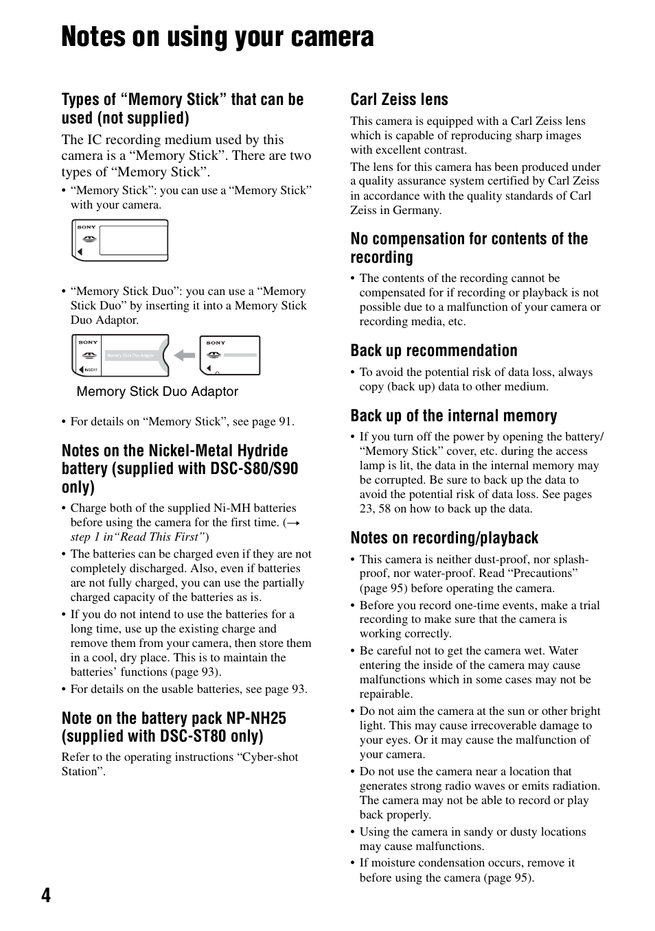 Notes on using your camera, Carl zeiss lens, No compensation for contents of the recording | Back up recommendation | Sony DSC-S90 User Manual | Page 4 / 103