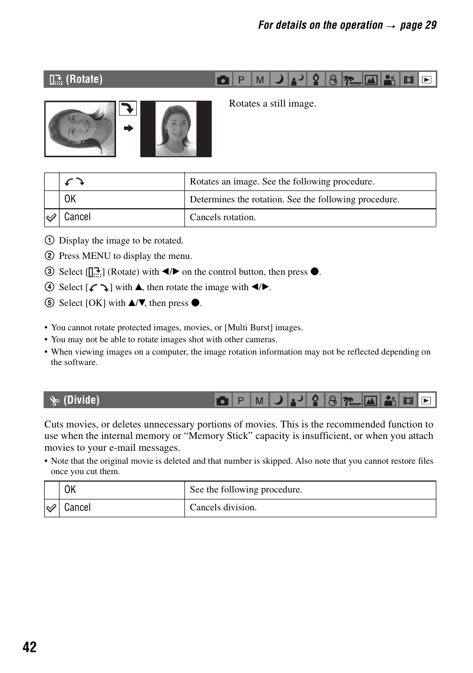 Rotate), Divide) | Sony DSC-S90 User Manual | Page 42 / 103