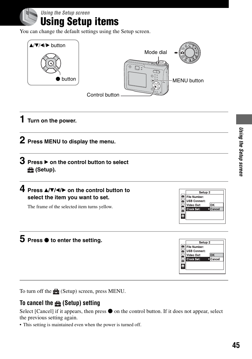 Using the setup screen, Using setup items | Sony DSC-S90 User Manual | Page 45 / 103