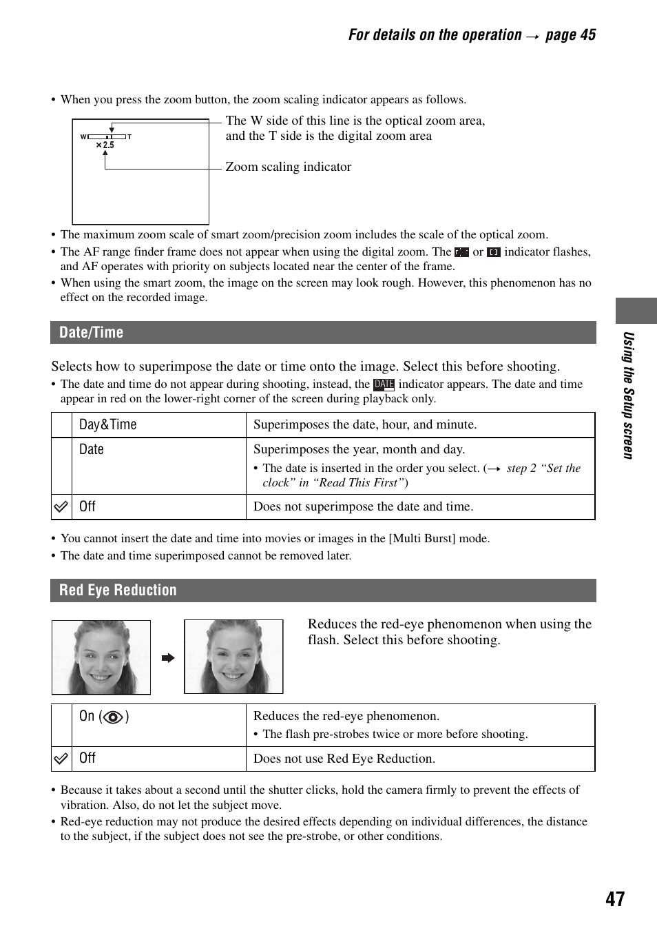 Date/time red eye reduction, N (47), E (47) | Sony DSC-S90 User Manual | Page 47 / 103