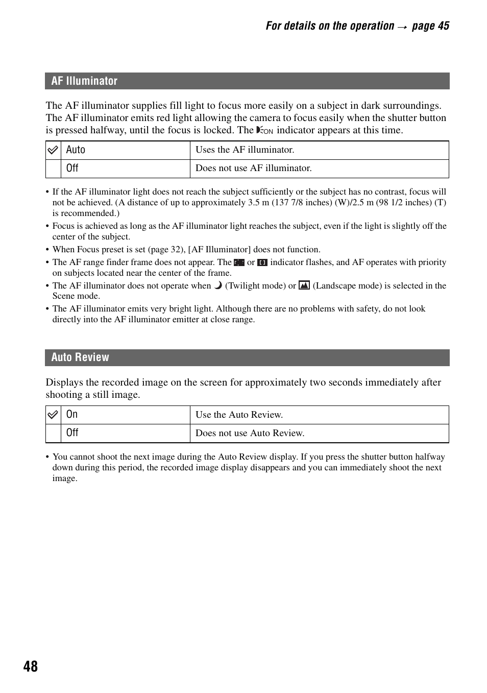 Af illuminator auto review | Sony DSC-S90 User Manual | Page 48 / 103