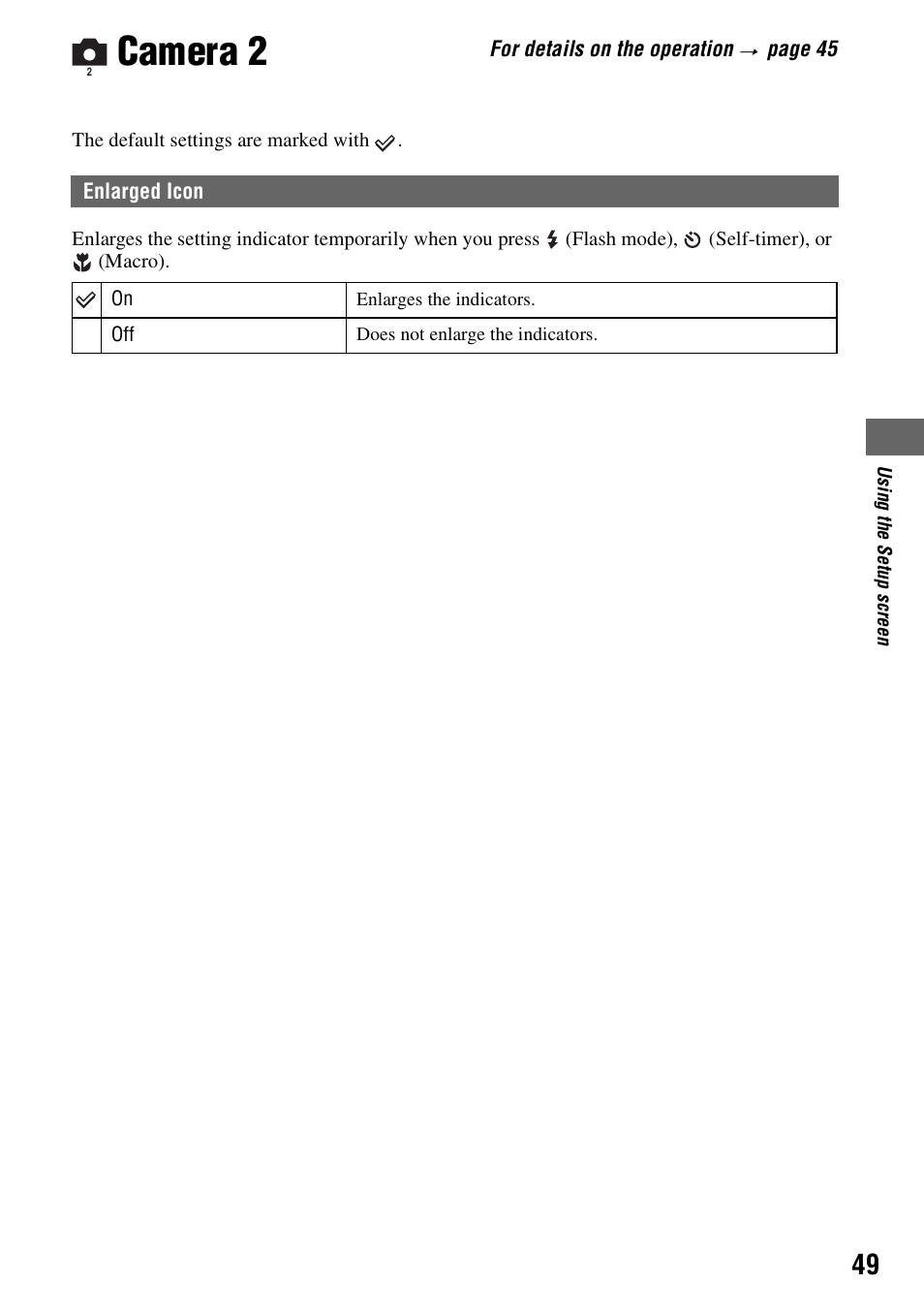 Camera 2, Enlarged icon | Sony DSC-S90 User Manual | Page 49 / 103