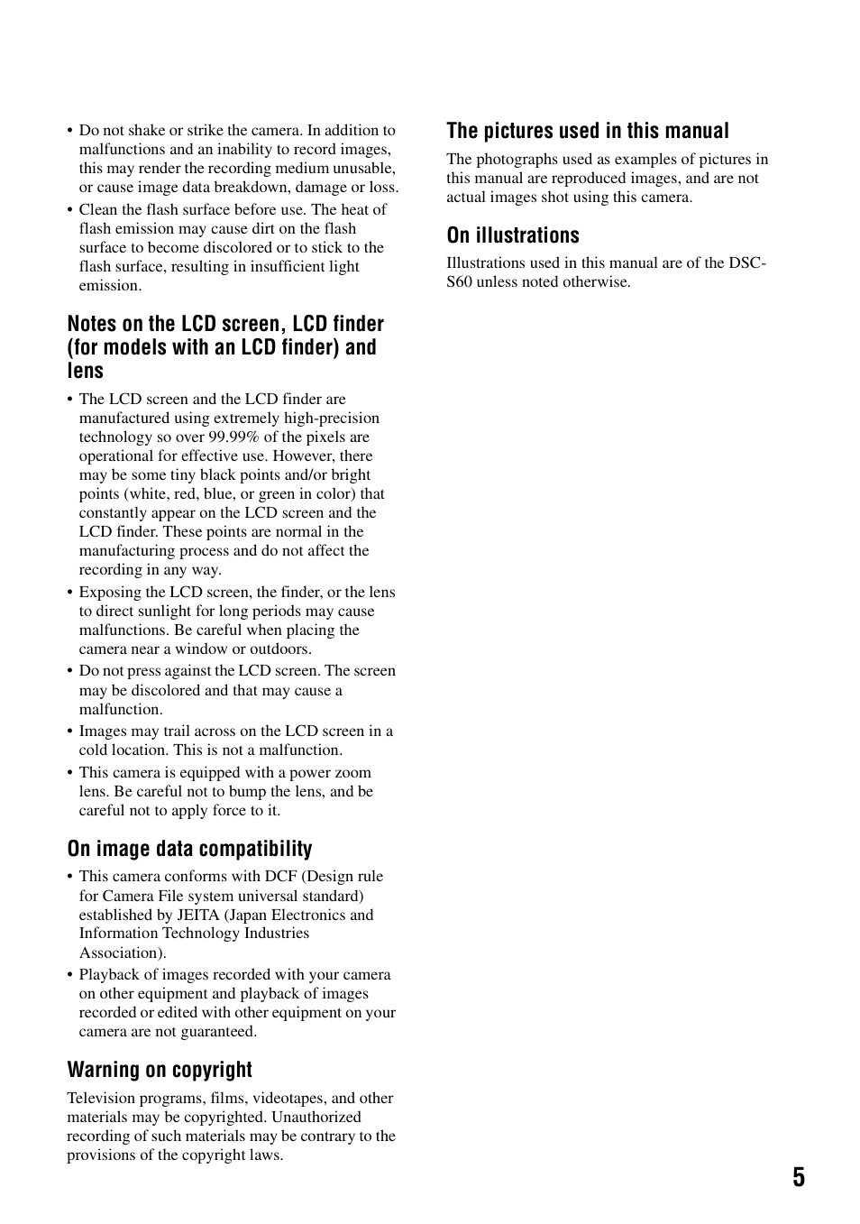 On image data compatibility, Warning on copyright, The pictures used in this manual | On illustrations | Sony DSC-S90 User Manual | Page 5 / 103