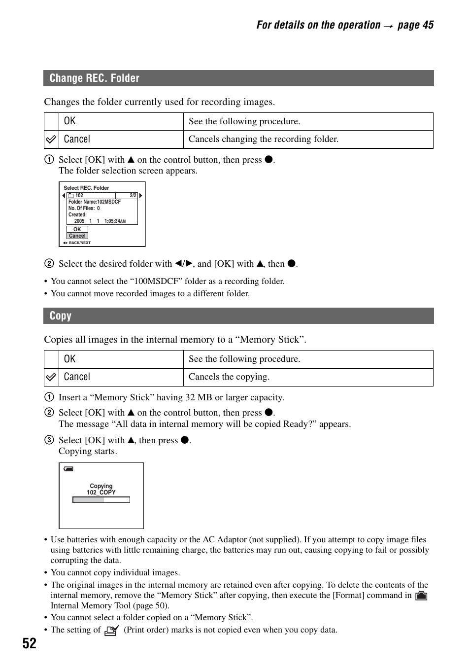 Change rec. folder copy, For details on the operation, Page 45 | Change rec. folder, Copy | Sony DSC-S90 User Manual | Page 52 / 103