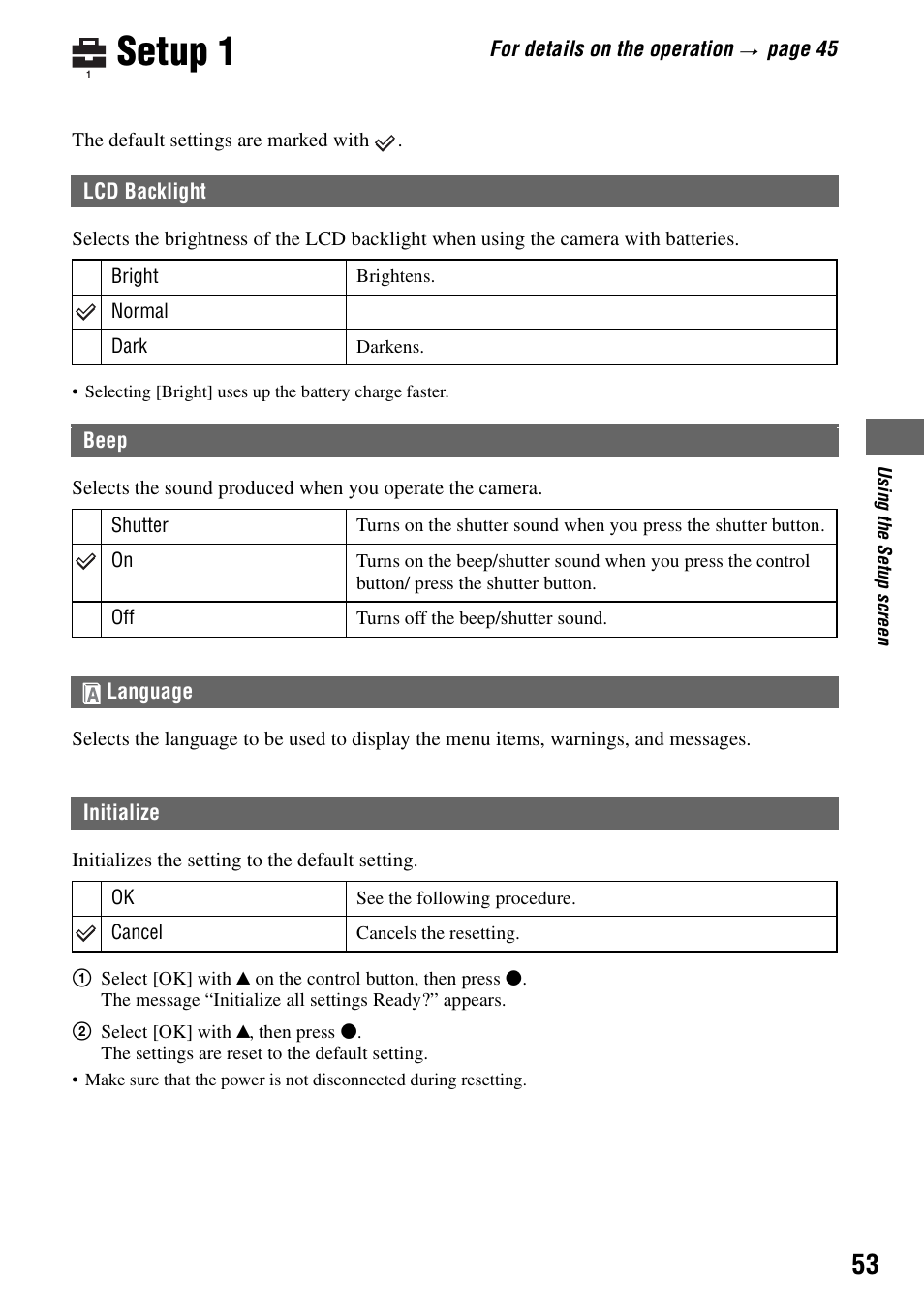 Setup 1, Lcd backlight beep, Language | Initialize | Sony DSC-S90 User Manual | Page 53 / 103