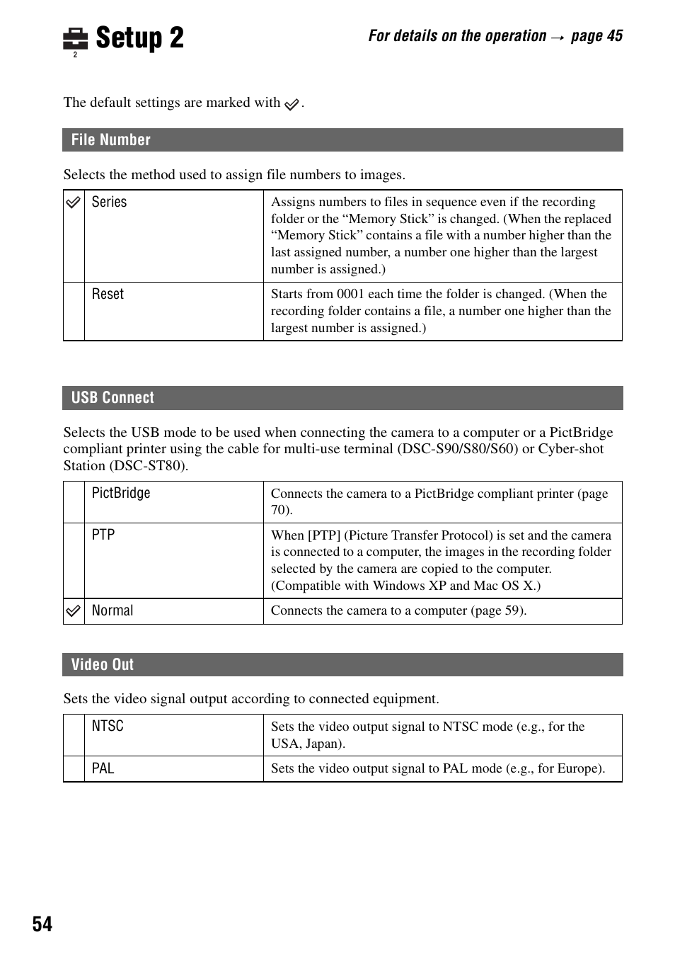 Setup 2, File number usb connect video out | Sony DSC-S90 User Manual | Page 54 / 103