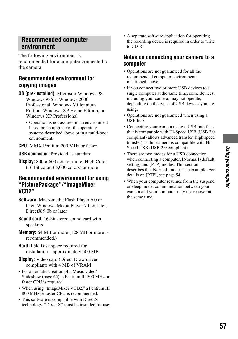 Recommended computer environment, Recommended environment for copying images | Sony DSC-S90 User Manual | Page 57 / 103