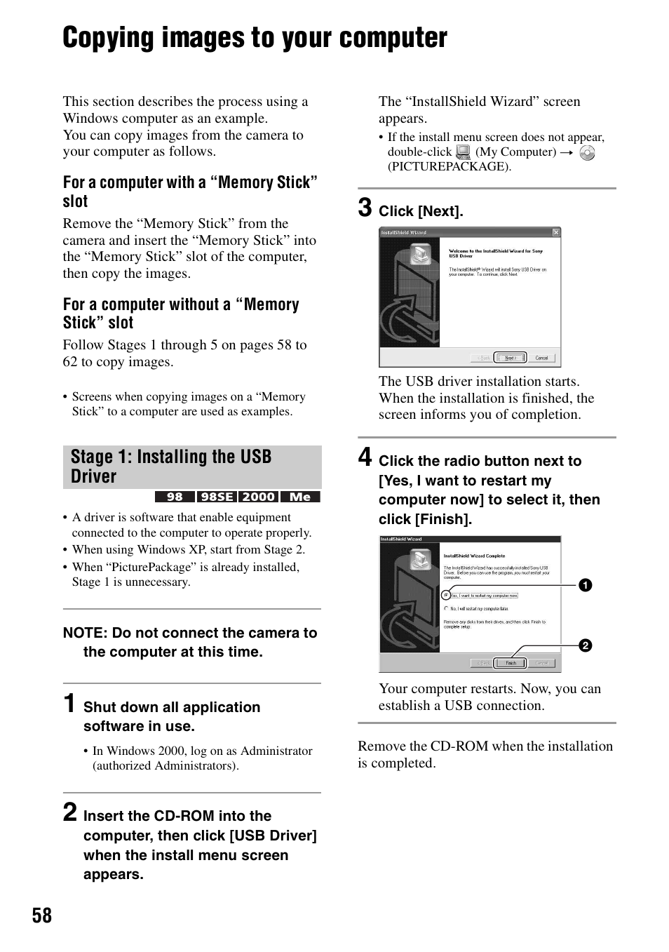 Copying images to your computer, 58 on, Stage 1: installing the usb driver | Sony DSC-S90 User Manual | Page 58 / 103